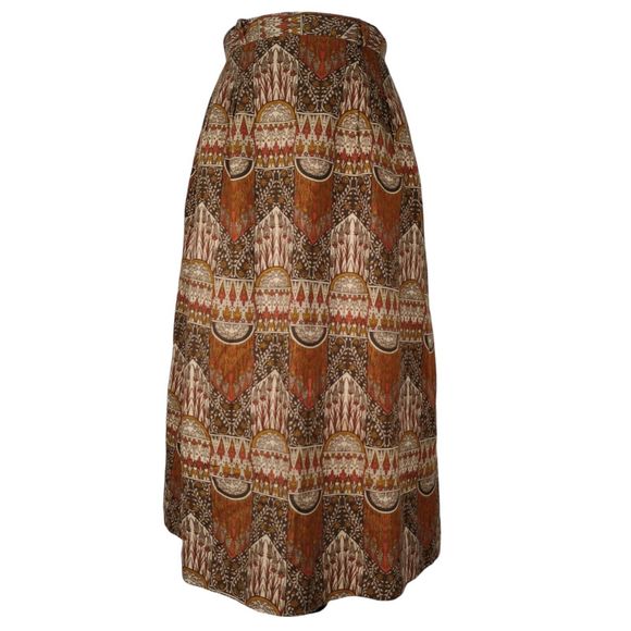 Vintage 70s Boho Midi Skirt Size S Brown Floral Geometric A Line High Rise